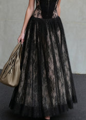 French Black Backless High Waist Patchwork Lace Spaghetti Strap Dress Summer 4