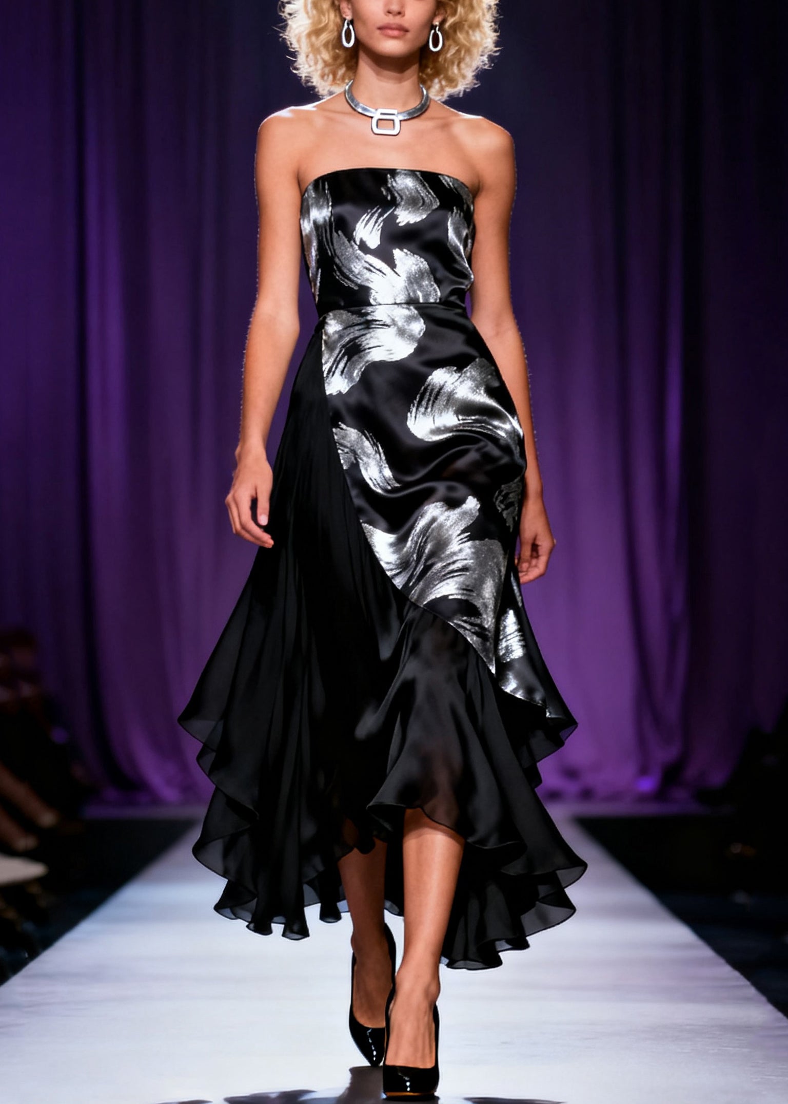 Satin Strapless Abstract Print Wrap Tiered Ruffle High Low Party Dress