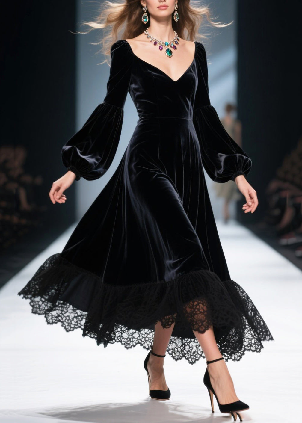 Velvet Sweetheart Neck Bishop Sleeve Lace Trim A-Line Midi Dress