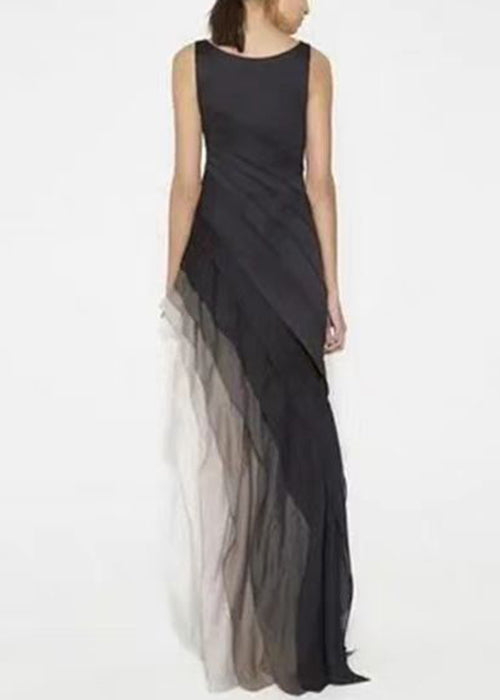 French Black High Waist Patchwork Tulle Maxi Dresses Summer - View 3