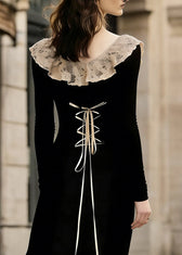 French Black Lace Patchwork Wear On Both Sides Cotton Maxi Dress Lace Up Spring 2