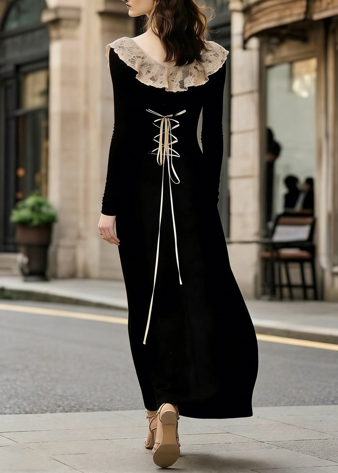 French Black Lace Patchwork Wear On Both Sides Cotton Maxi Dress Lace Up Spring 3