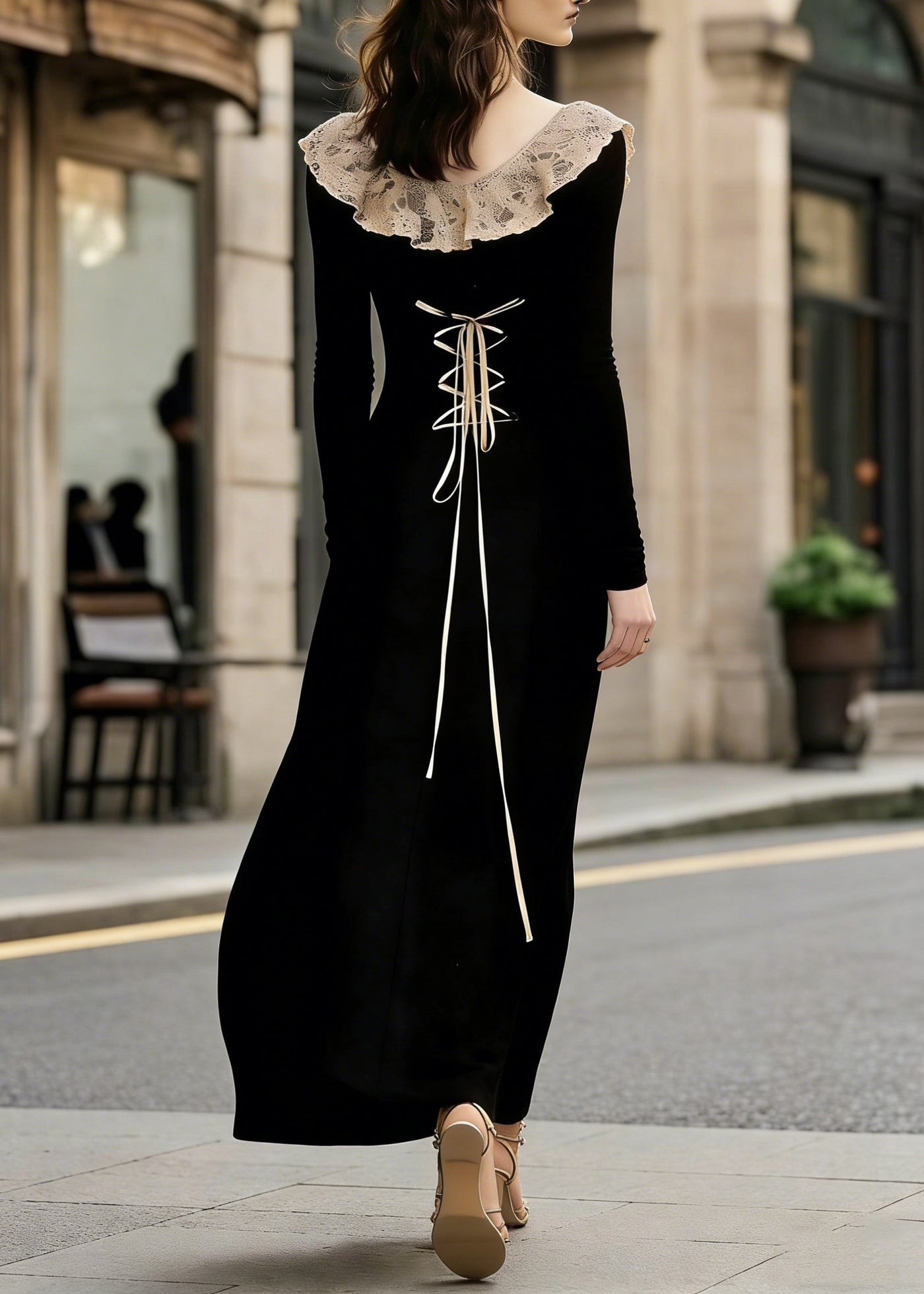 French Black Lace Patchwork Wear On Both Sides Cotton Maxi Dress Lace Up Spring 5