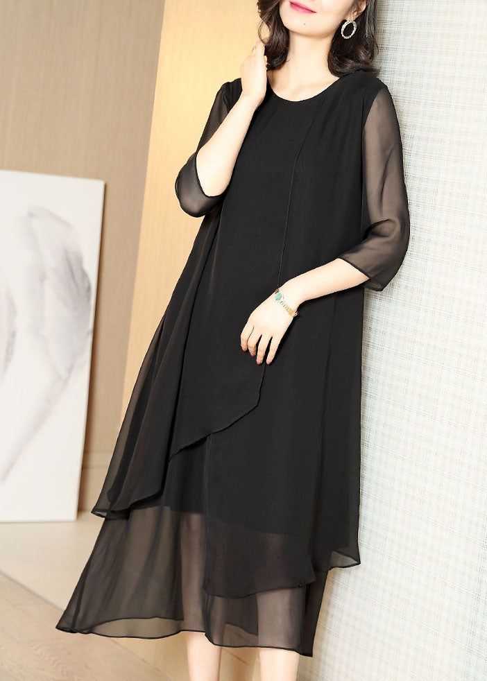 Chiffon Layered Tiered Hem Crew Neck Three Quarter Sleeve Faux Two Piece Midi Dress