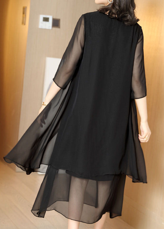 Chiffon Layered Tiered Hem Crew Neck Three Quarter Sleeve Faux Two Piece Midi Dress