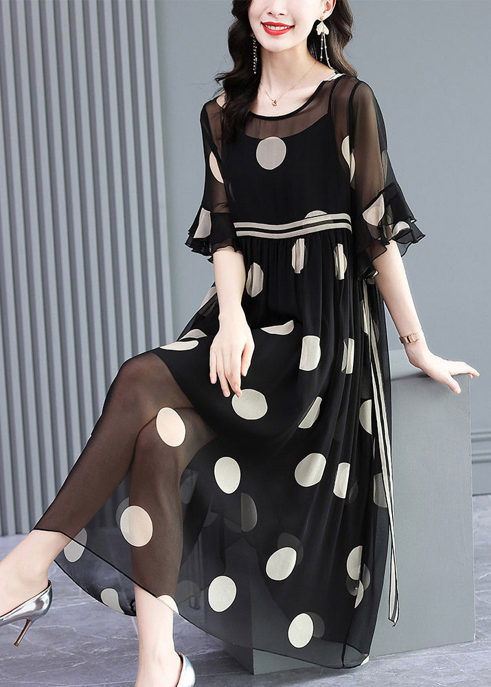 Polka Dot Chiffon Round Neck Sheer Yoke Double Ruffle Sleeve Empire Waist Layered Midi Dress