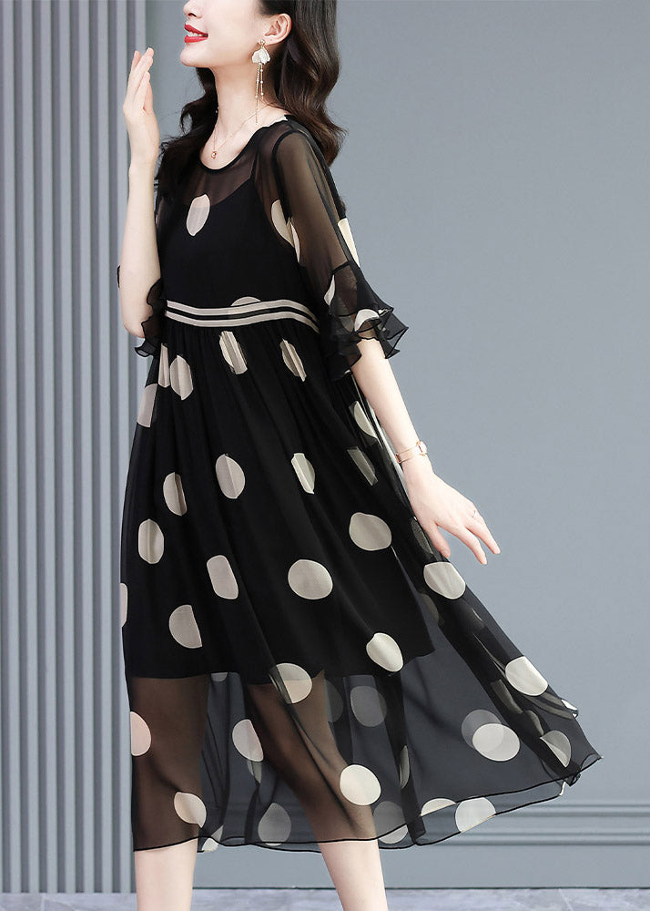 Polka Dot Chiffon Round Neck Sheer Yoke Double Ruffle Sleeve Empire Waist Layered Midi Dress
