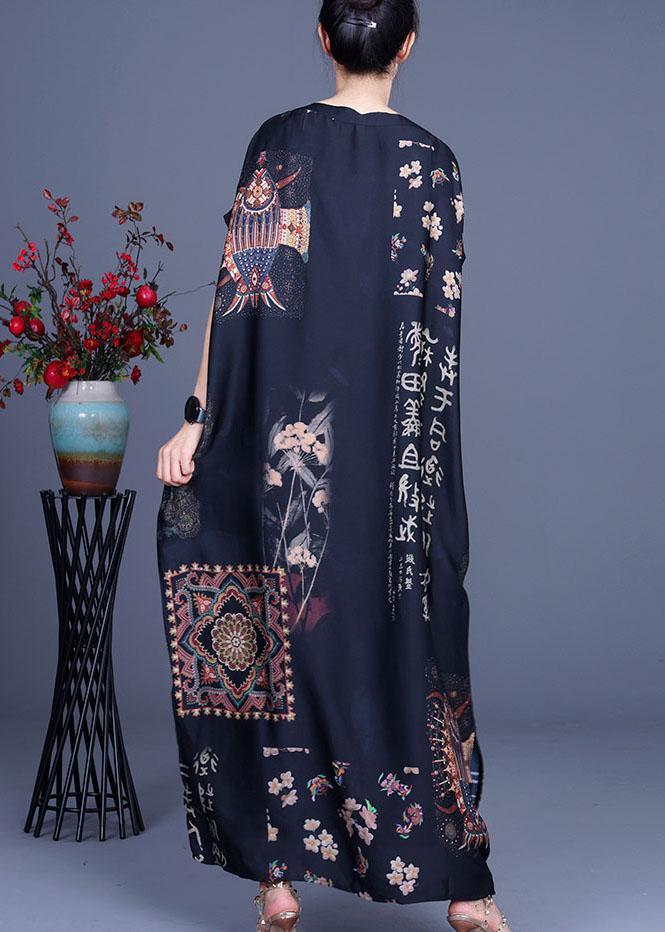 Chiffon Folk Art Print Round Neck Cap Sleeve Oversized Maxi Dress