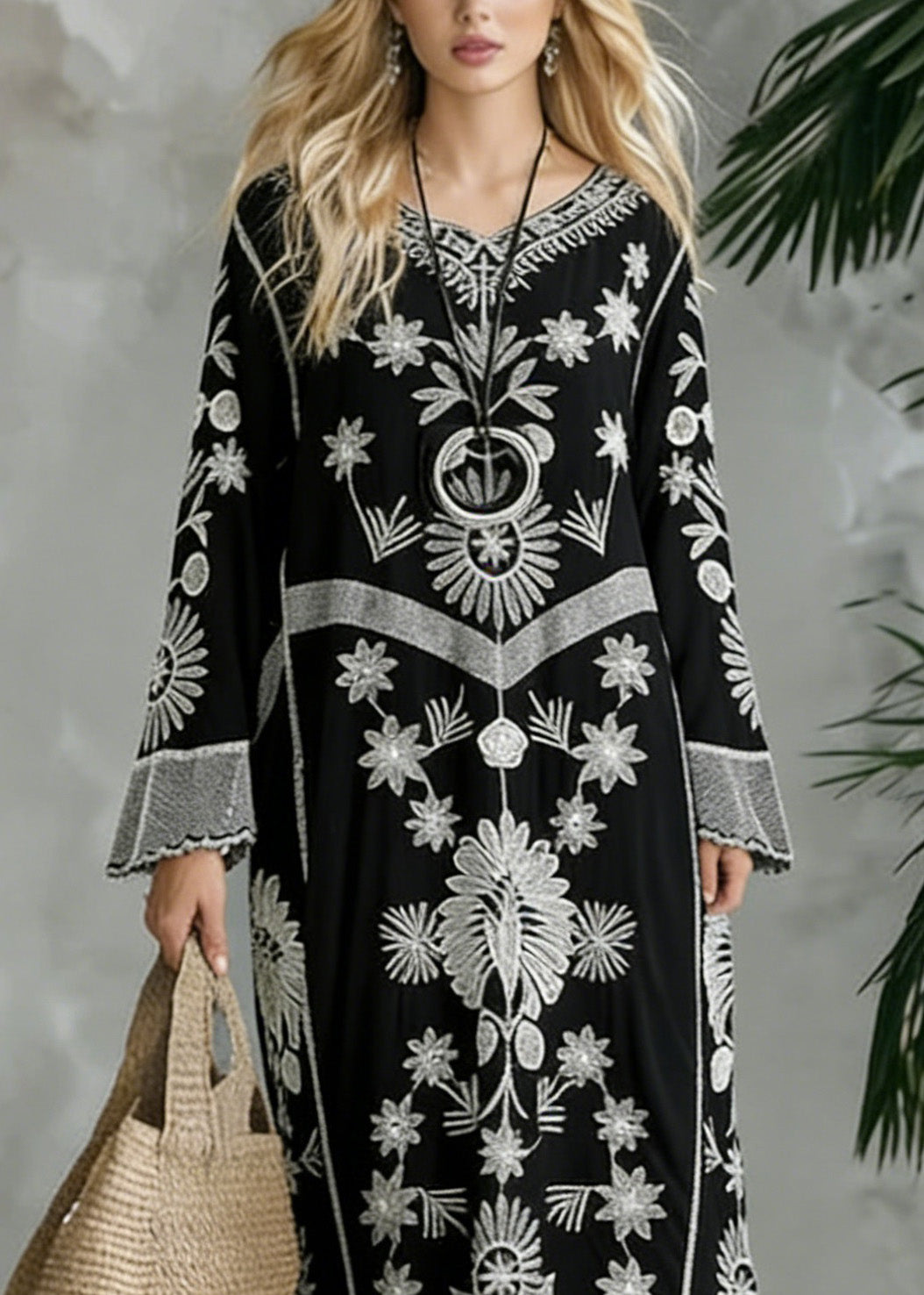 Embroidered V-Neck Long Sleeve Bell Cuff Chevron Band Flowy Maxi Dress