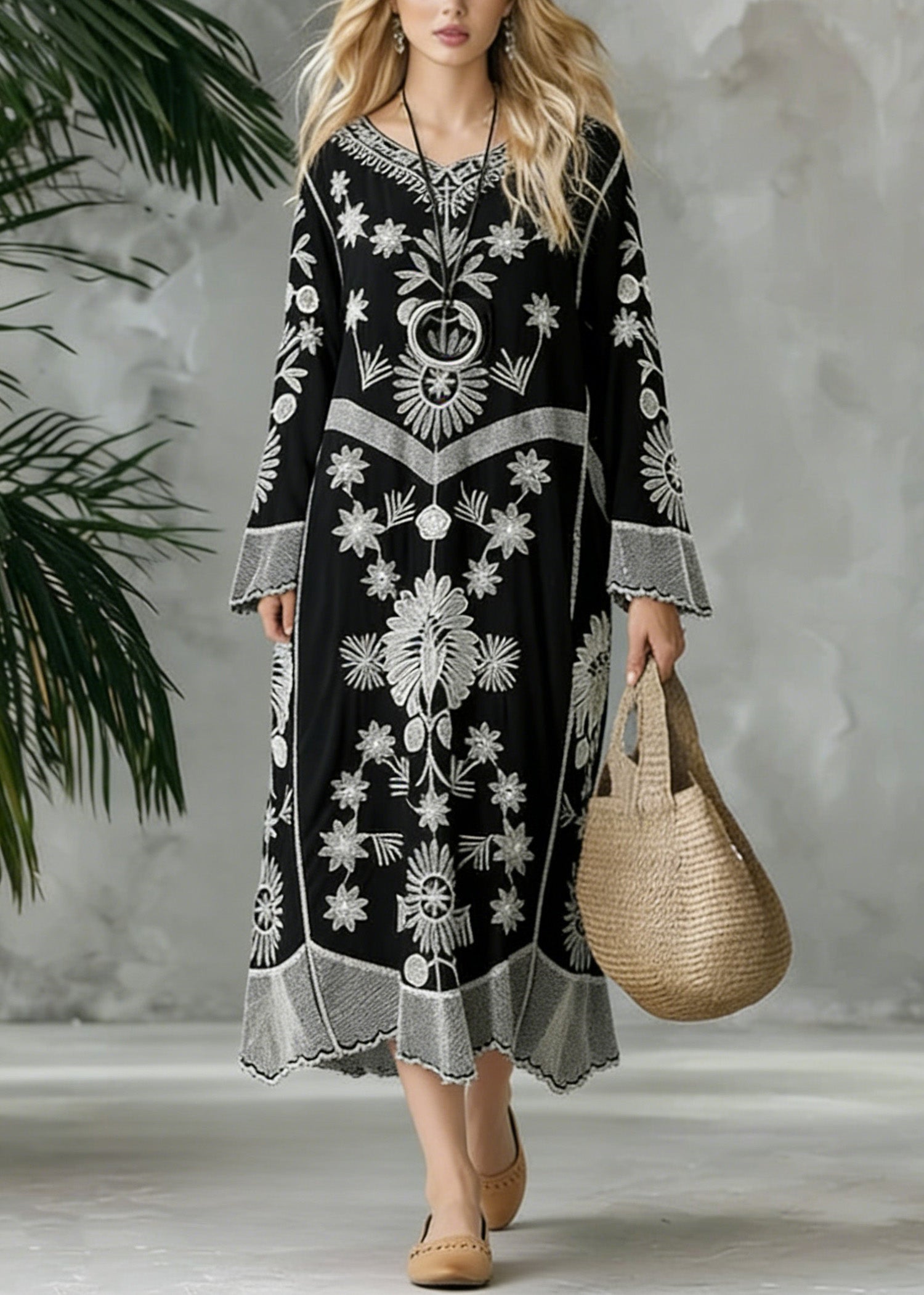 Embroidered V-Neck Long Sleeve Bell Cuff Chevron Band Flowy Maxi Dress