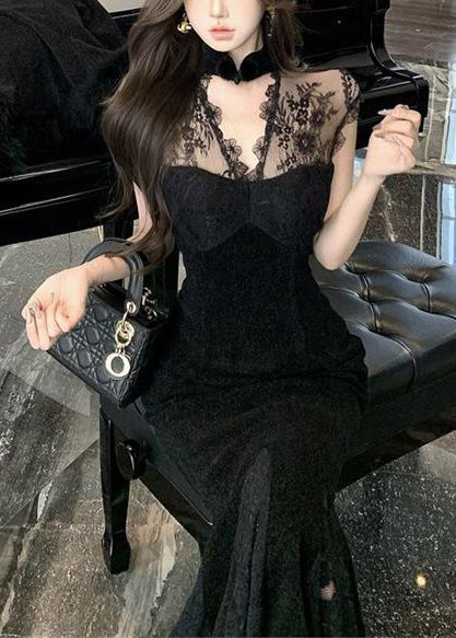 Lace Mock Neck Sleeveless Mermaid Lace Panel Trumpet Maxi Gown