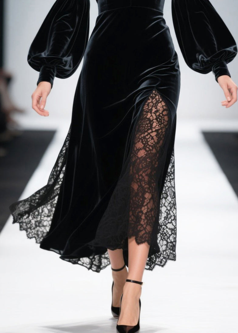 Velvet Deep V-Neck Bishop Sleeve Lace Underlay High Split Maxi Gown