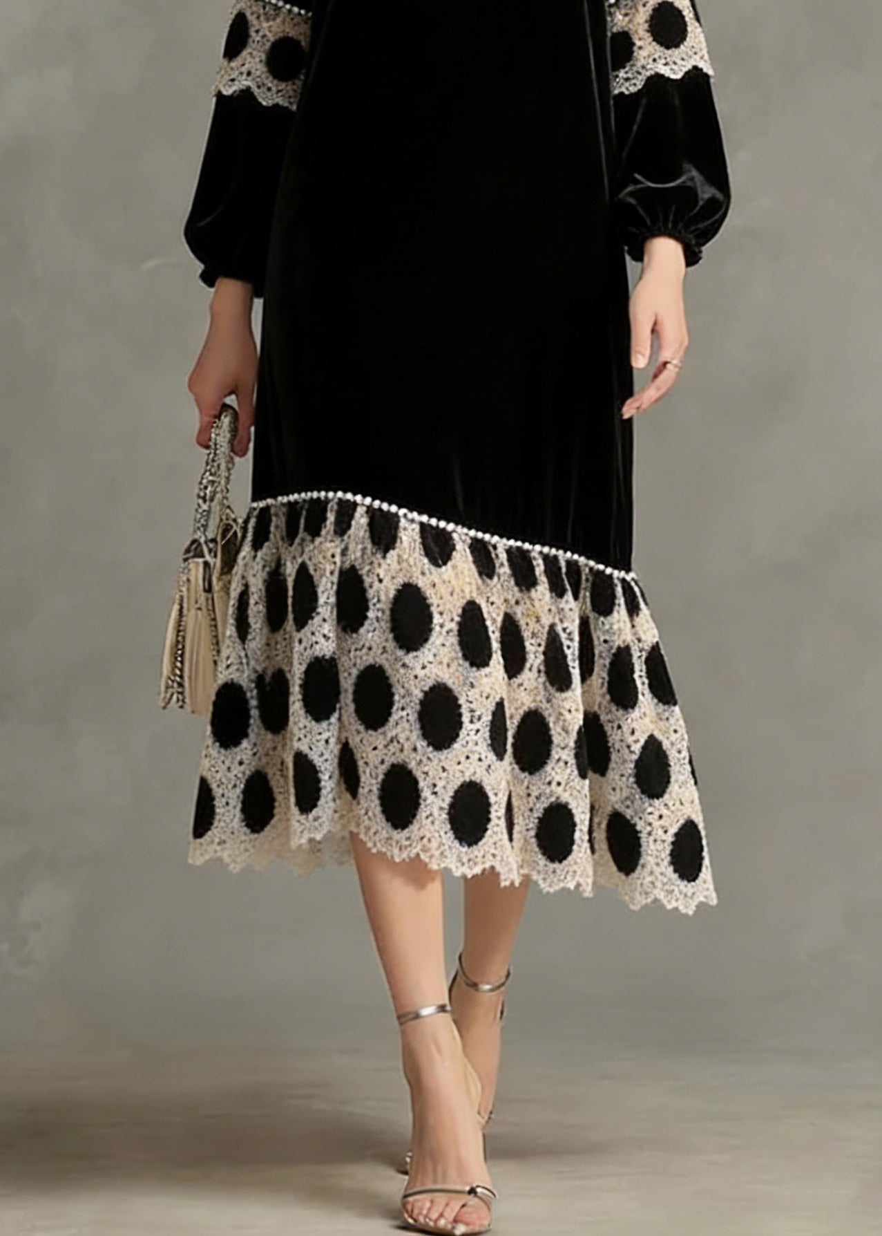Velvet V-Neck Bishop Sleeve Polka Dot Lace Trim Asymmetric Hem Midi Dress