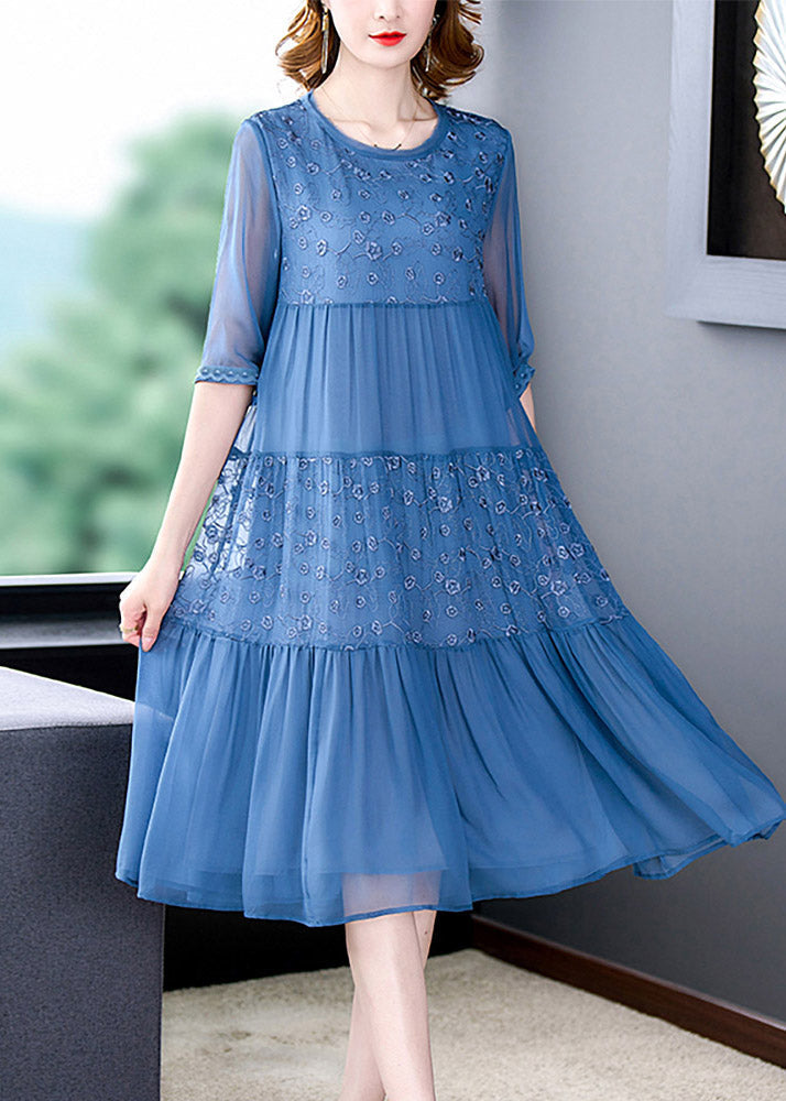 Chiffon Floral Embroidery Tiered Crew Neck Sheer Elbow Sleeve Midi Dress