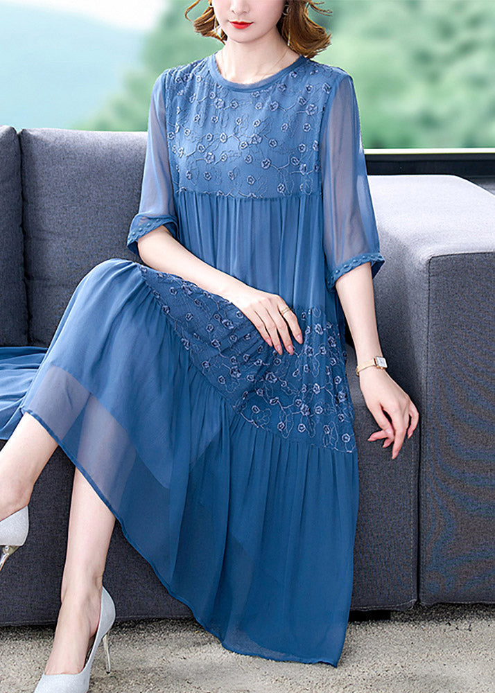 Chiffon Floral Embroidery Tiered Crew Neck Sheer Elbow Sleeve Midi Dress