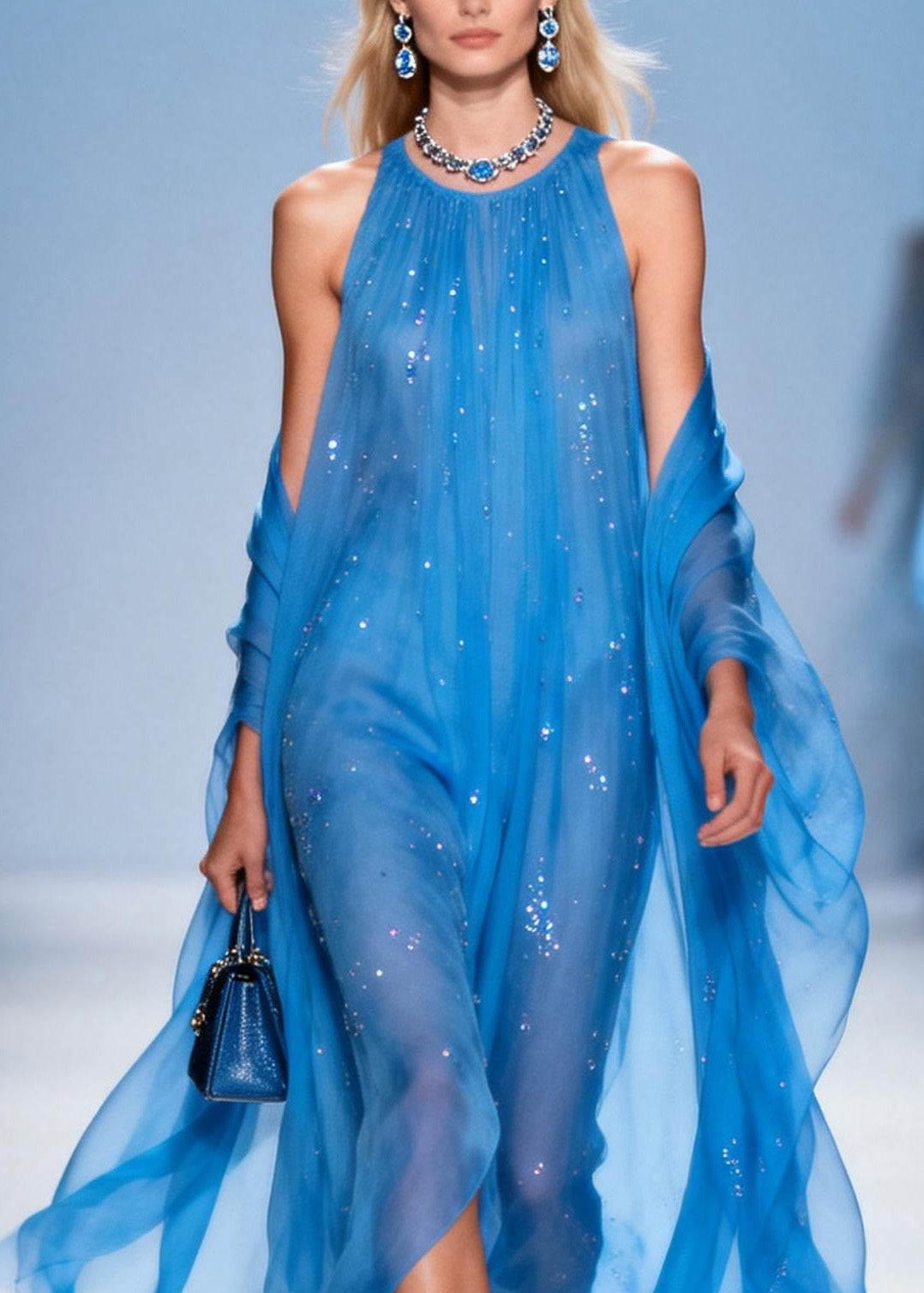 Sequin Scatter Halter Neck Sheer Chiffon Maxi Gown With Wrap
