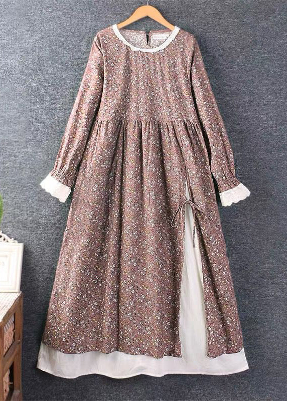 French Blue Print Side Open Lace Up Cotton Dress Long Sleeve 2