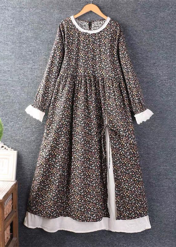 French Blue Print Side Open Lace Up Cotton Dress Long Sleeve 3