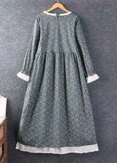 French Blue Print Side Open Lace Up Cotton Dress Long Sleeve 4