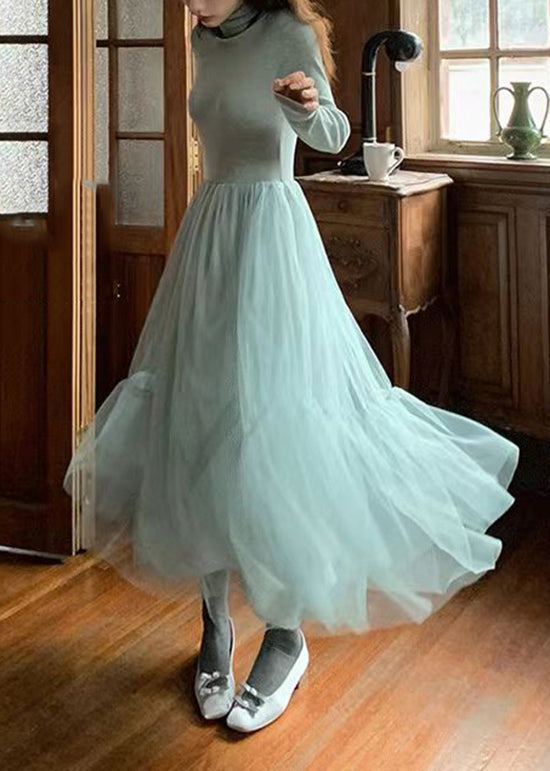 French Blue Ruffled Asymmetrical Tulle Patchwork Knit Dresses Spring 4