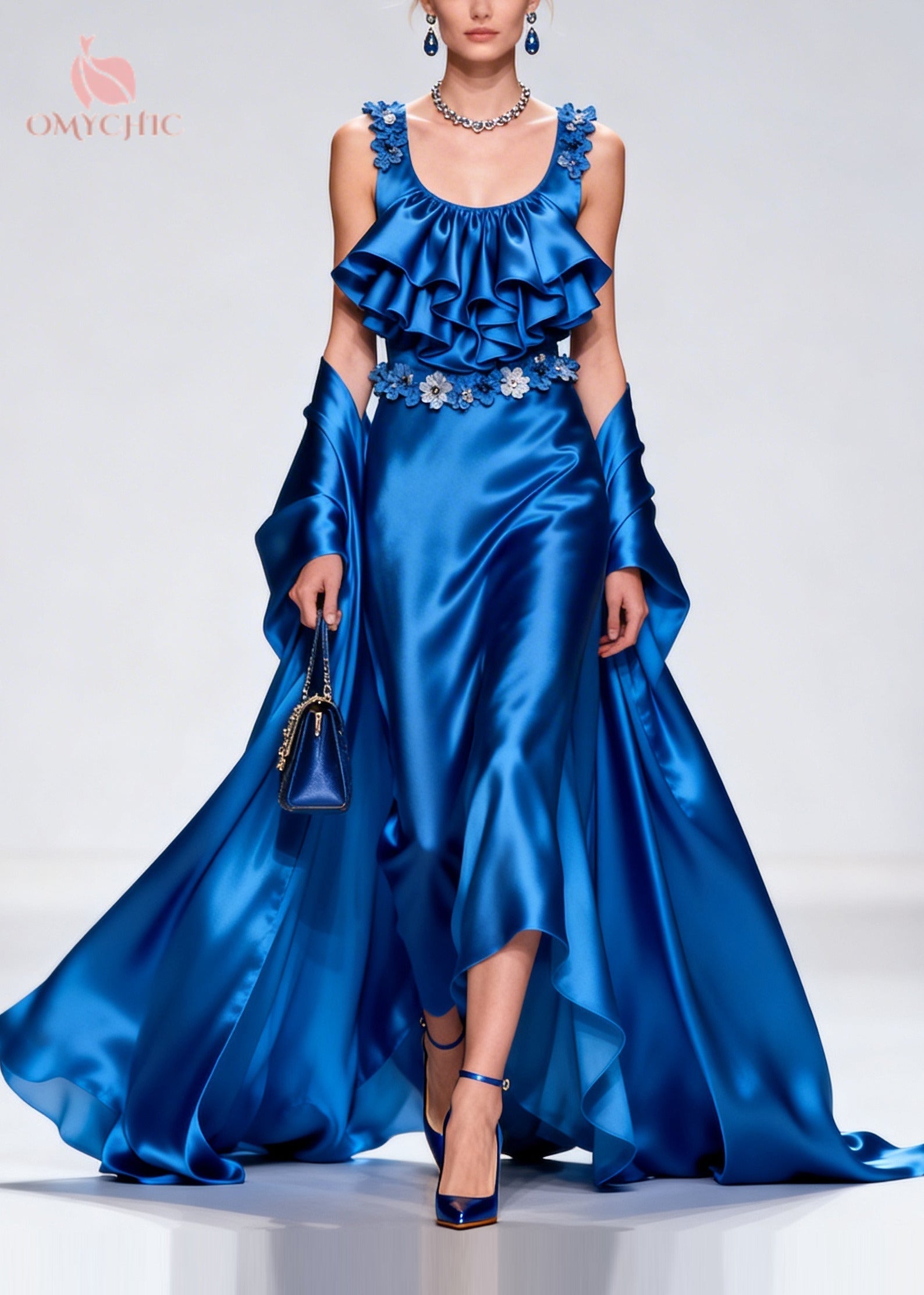 Tiered Ruffle Floral Appliqué Scoop Neck High Split Satin Gown Wrap Cape Two Piece Set