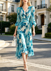 French Blue Tie Dye V Neck Chiffon Maxi Dresses Lantern Sleeve