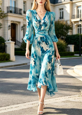 French Blue Tie Dye V Neck Chiffon Maxi Dresses Lantern Sleeve 3