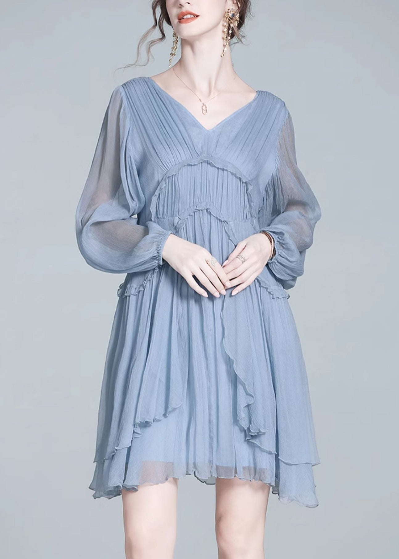 V-Neck Bishop Sleeve Tiered Ruffle Pleated Chiffon Mini Dress
