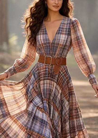 Plaid Deep V-Neck Bishop Sleeve Belted Tiered Maxi Dress