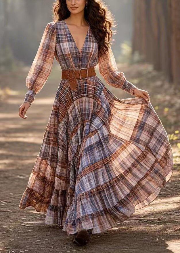Plaid Deep V-Neck Bishop Sleeve Belted Tiered Maxi Dress