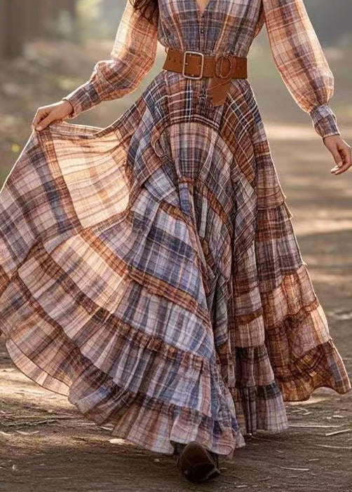 Plaid Deep V-Neck Bishop Sleeve Belted Tiered Maxi Dress