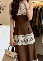 French Brown O-Neck Patchwork Lace Maxi Dresses Sleeveless