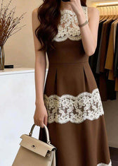 French Brown O-Neck Patchwork Lace Maxi Dresses Sleeveless 2