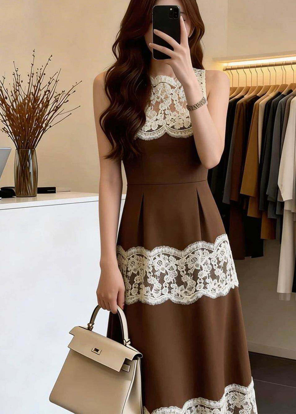 French Brown O-Neck Patchwork Lace Maxi Dresses Sleeveless 3