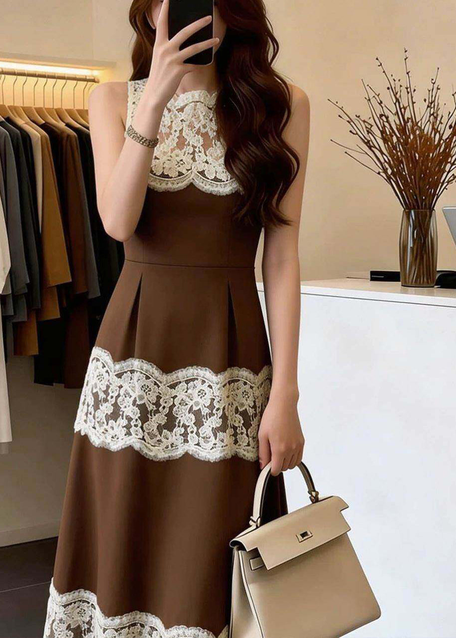 French Brown O-Neck Patchwork Lace Maxi Dresses Sleeveless 4