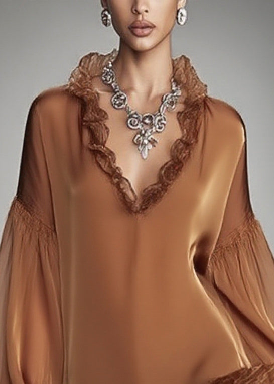 Satin Deep V-Neck Ruffle Collar Balloon Sleeve Tiered Ruffle Mini Dress
