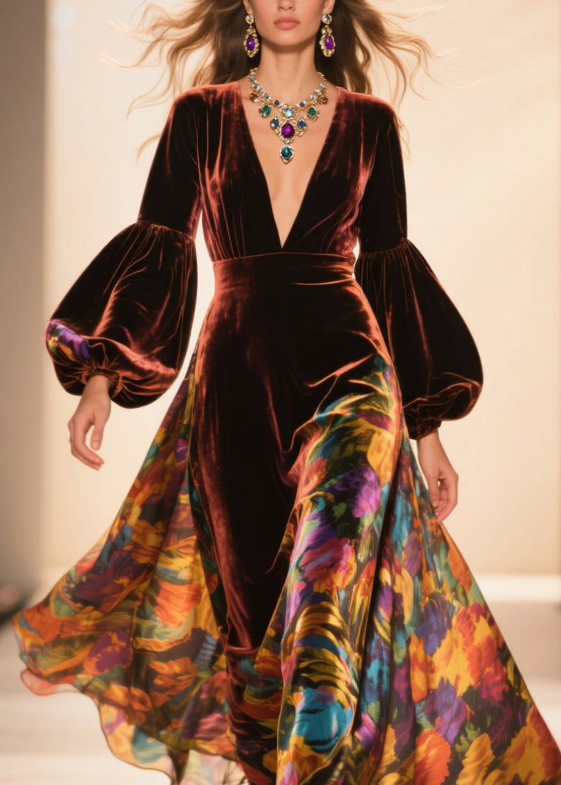 Velvet Floral Bishop Sleeve Deep V-Neck Sheer Panel Maxi Gown