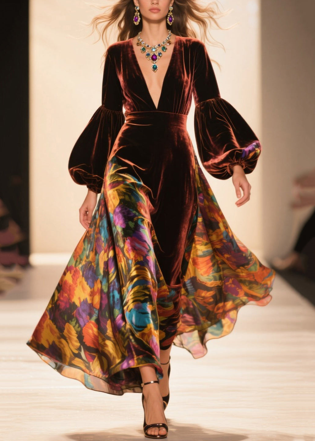 Velvet Floral Bishop Sleeve Deep V-Neck Sheer Panel Maxi Gown