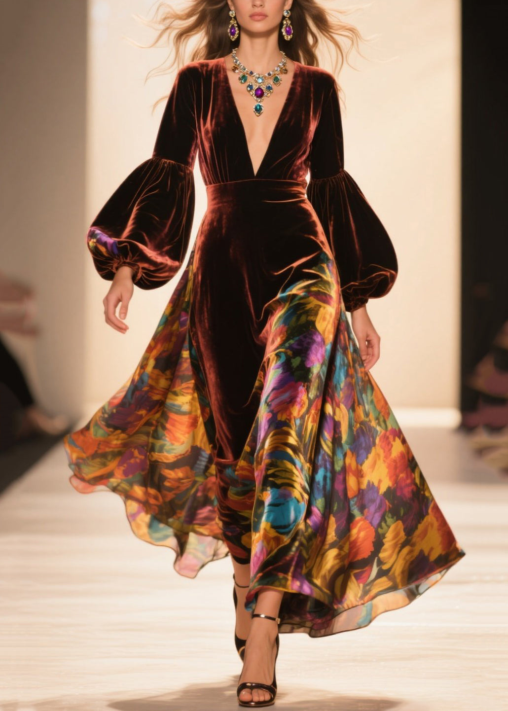 Velvet Floral Bishop Sleeve Deep V-Neck Sheer Panel Maxi Gown