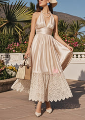 French Champagne Lace Patchwork Exra Large Hem Silk Halter Dresses Summer