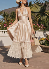 French Champagne Lace Patchwork Exra Large Hem Silk Halter Dresses Summer 3