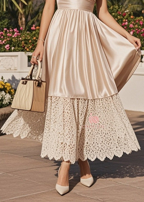 French Champagne Lace Patchwork Exra Large Hem Silk Halter Dresses Summer 4