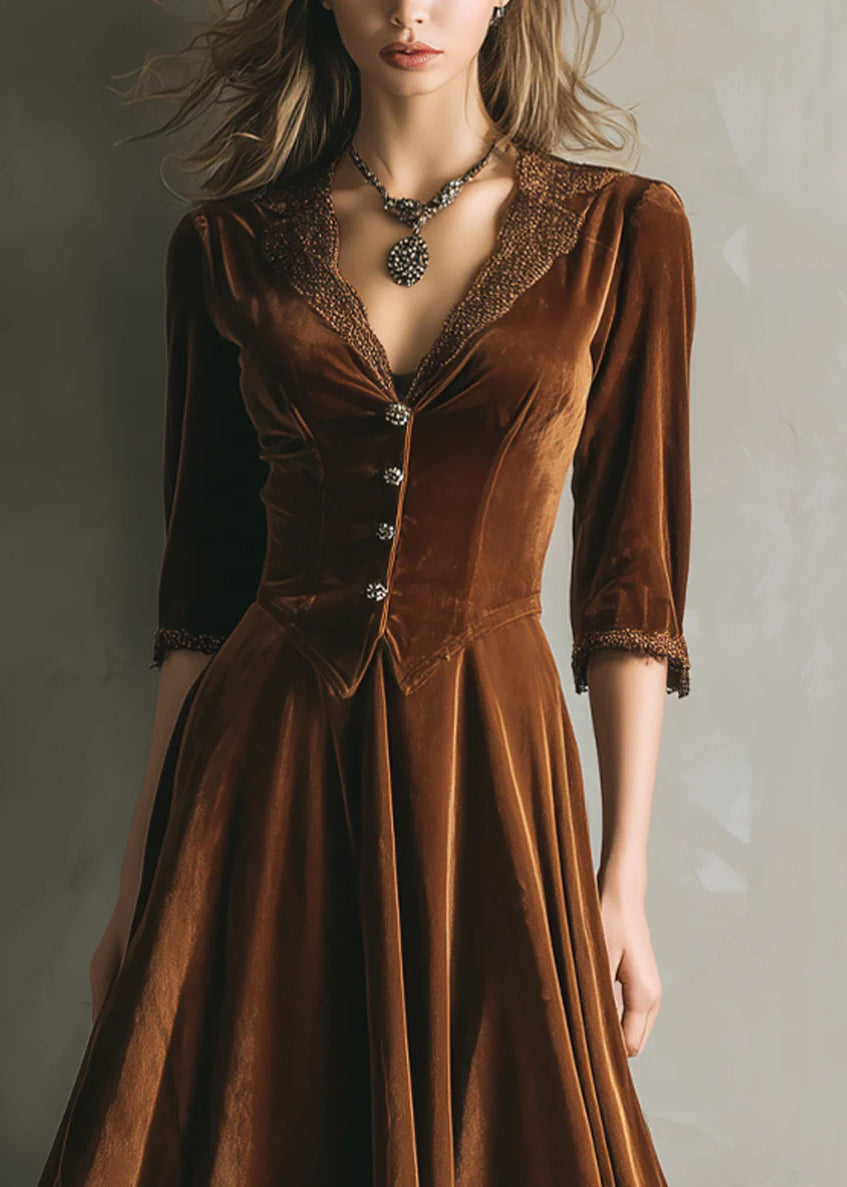 Velvet V-Neck Three Quarter Sleeve Button Front Lace Trim High Low Midi Dress