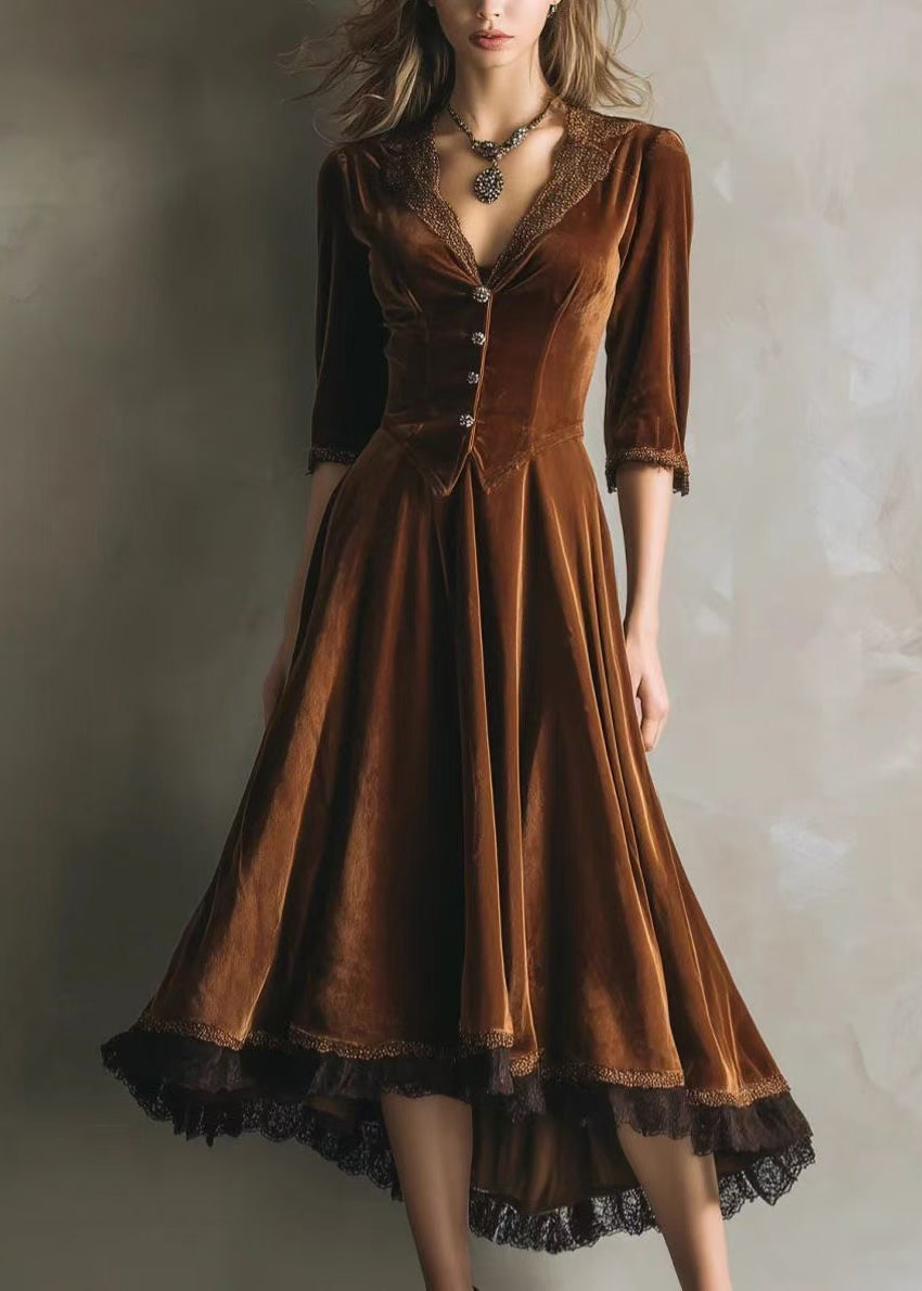 Velvet V-Neck Three Quarter Sleeve Button Front Lace Trim High Low Midi Dress