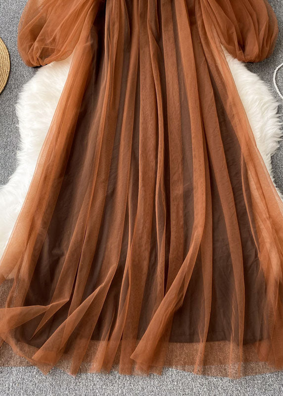 Mesh Overlay Square Neck Spaghetti Strap Cold Shoulder Puff Sleeve Maxi Gown