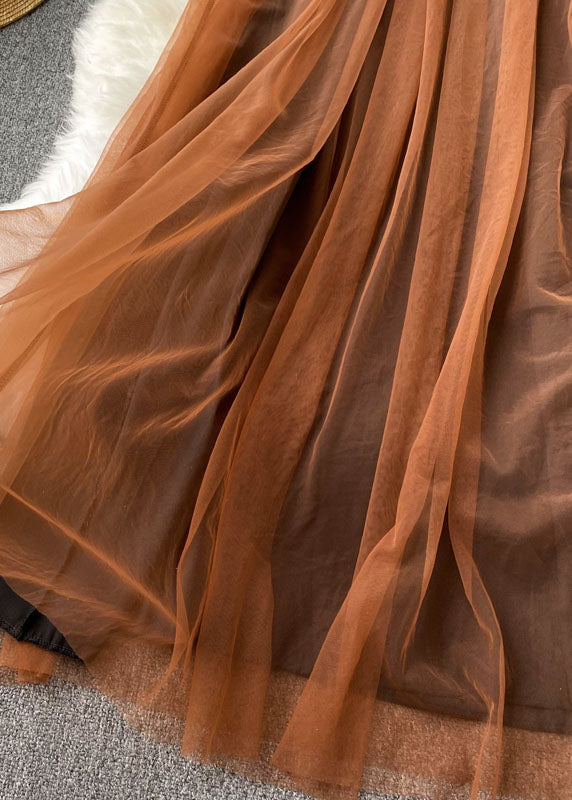 Mesh Overlay Square Neck Spaghetti Strap Cold Shoulder Puff Sleeve Maxi Gown