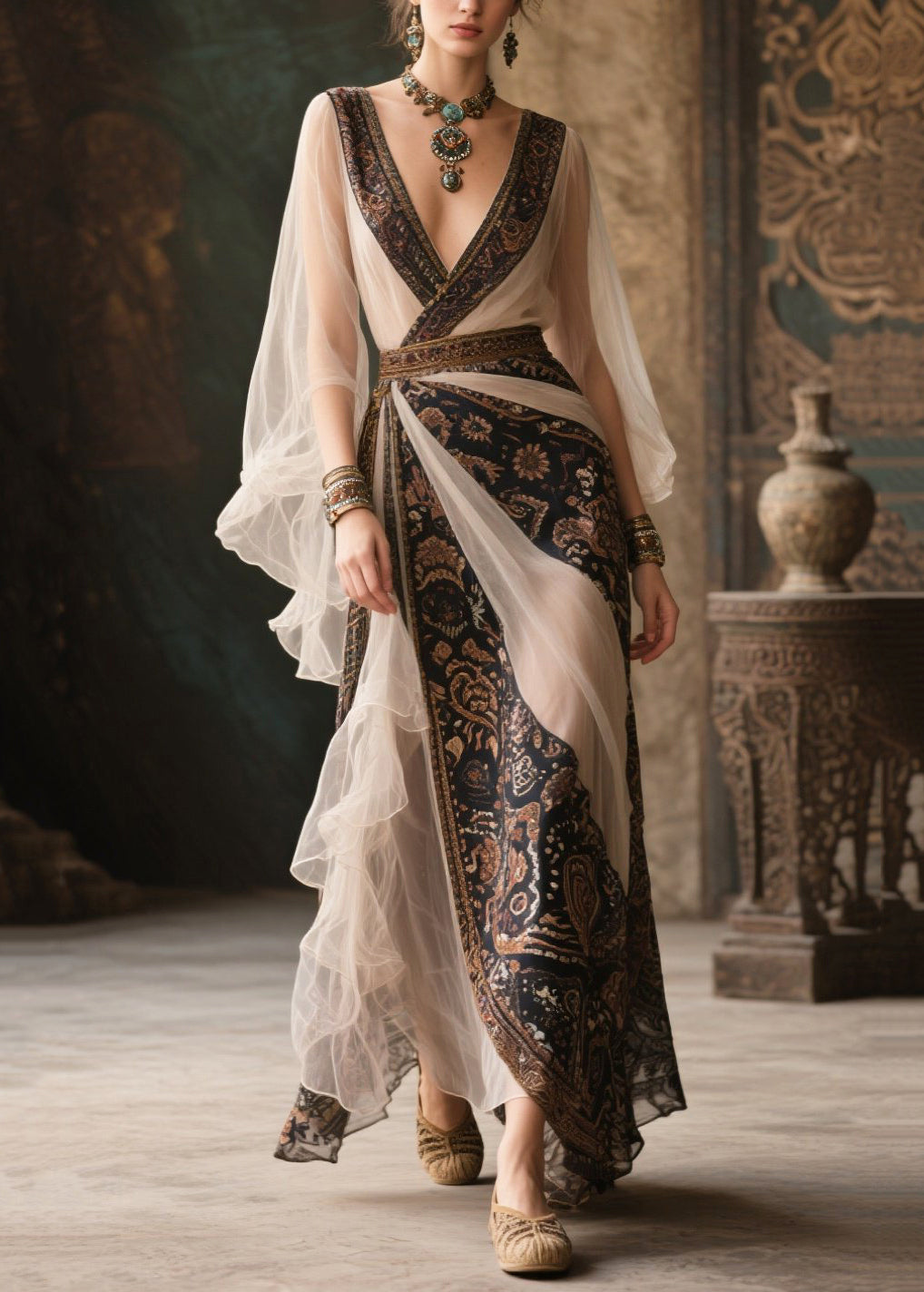Paisley Print Deep V-Neck Bell Sleeve Tiered Ruffle Wrap Maxi Gown