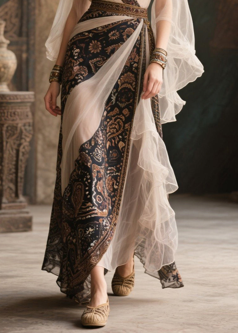 Paisley Print Deep V-Neck Bell Sleeve Tiered Ruffle Wrap Maxi Gown