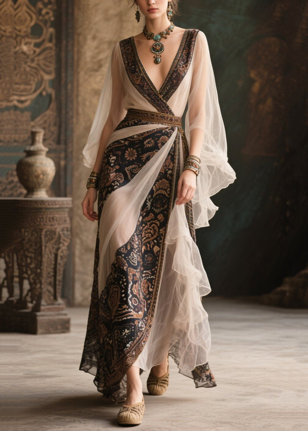 Paisley Print Deep V-Neck Bell Sleeve Tiered Ruffle Wrap Maxi Gown