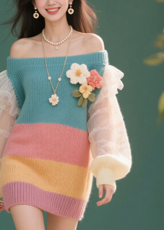 Striped Knit Off Shoulder Tulle Ruffle Sleeve Floral Appliqué Mini Dress